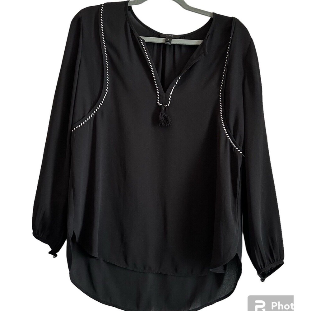 J Crew Women's Split Neck Blouse Tassel Trim Top Black White Trim Shirt Size 4